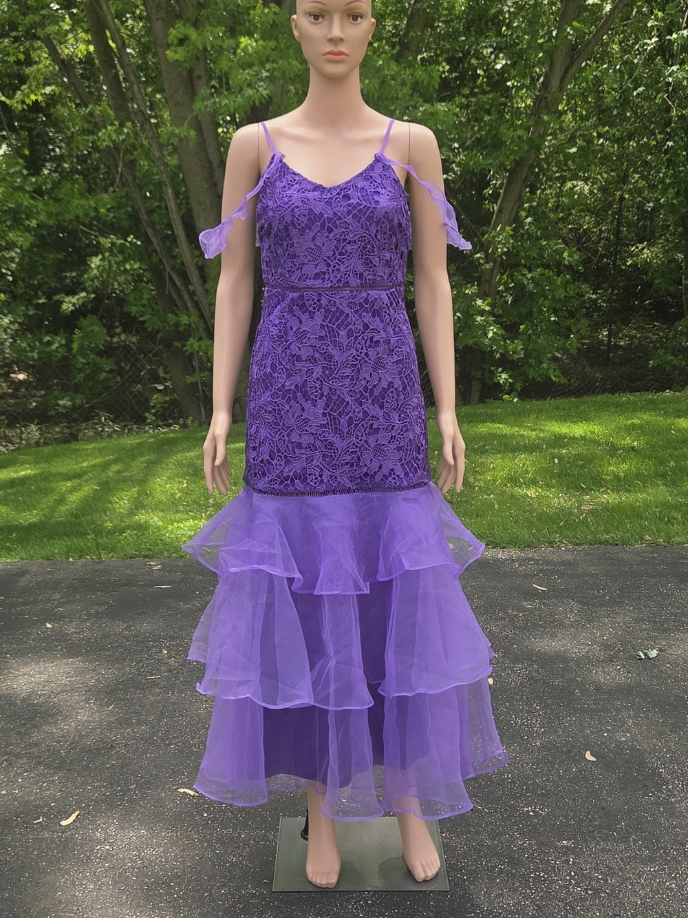 the clothing company Purple Lace & Ruffle Tiered Prom Gown
